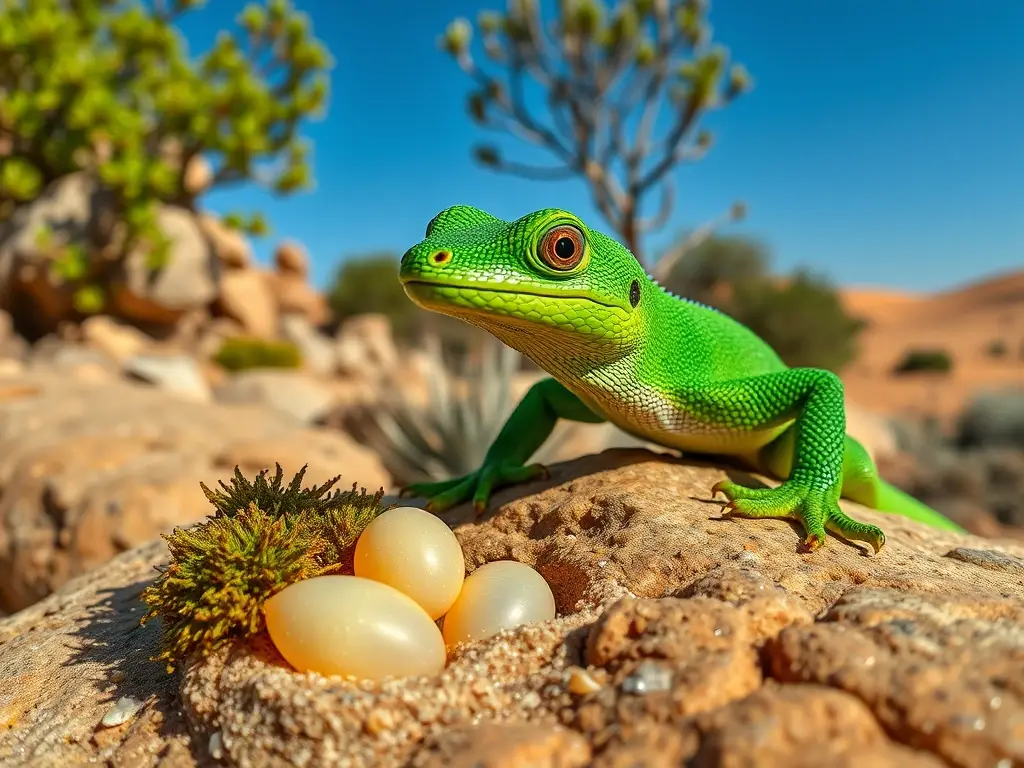 Lagartija verde sobre piedra, huevos y cría