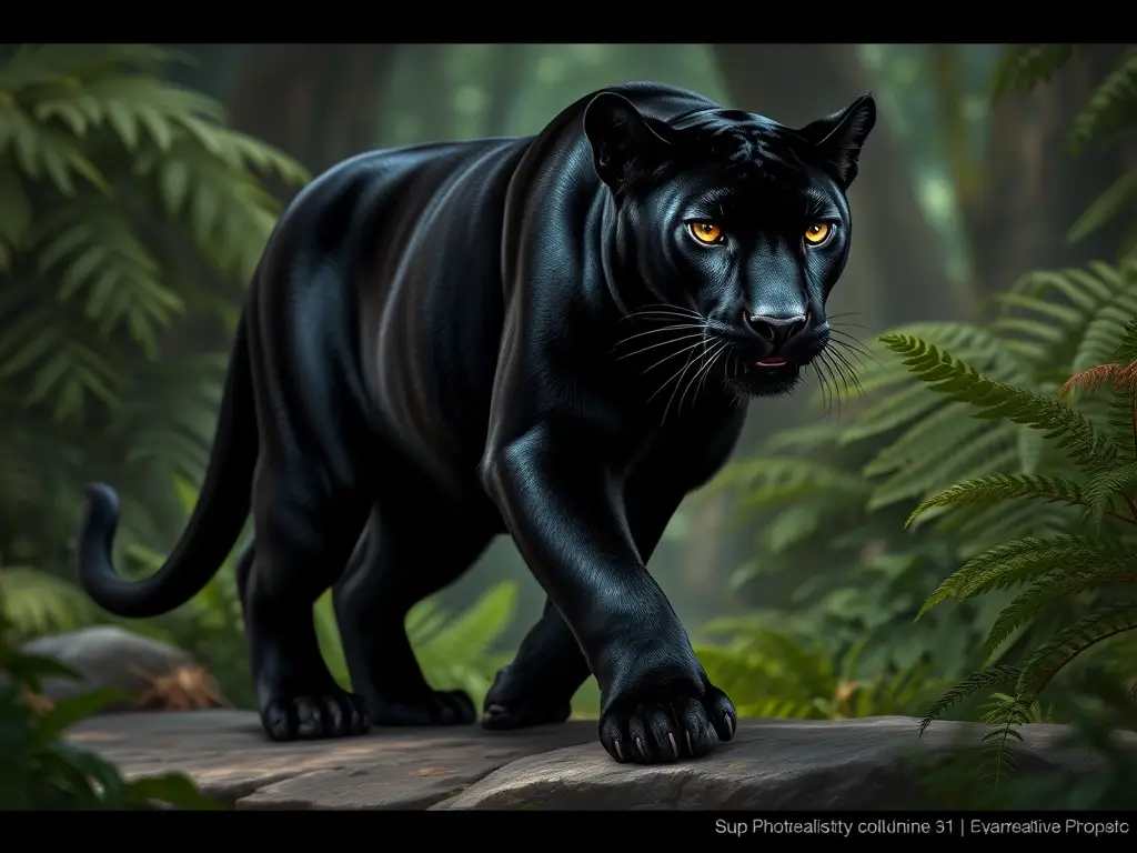 Ilustración realista de un leopardo negro en un hábitat jurásico
