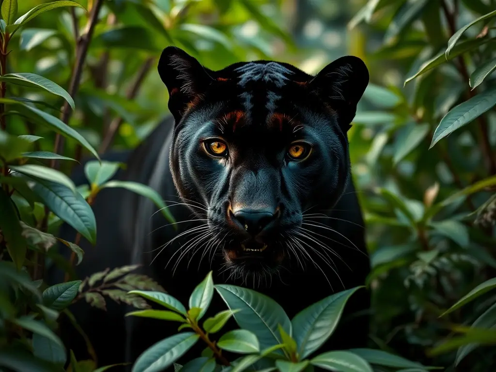 Un retrato realista y majestuoso de un pantera negra en la selva amazónica
