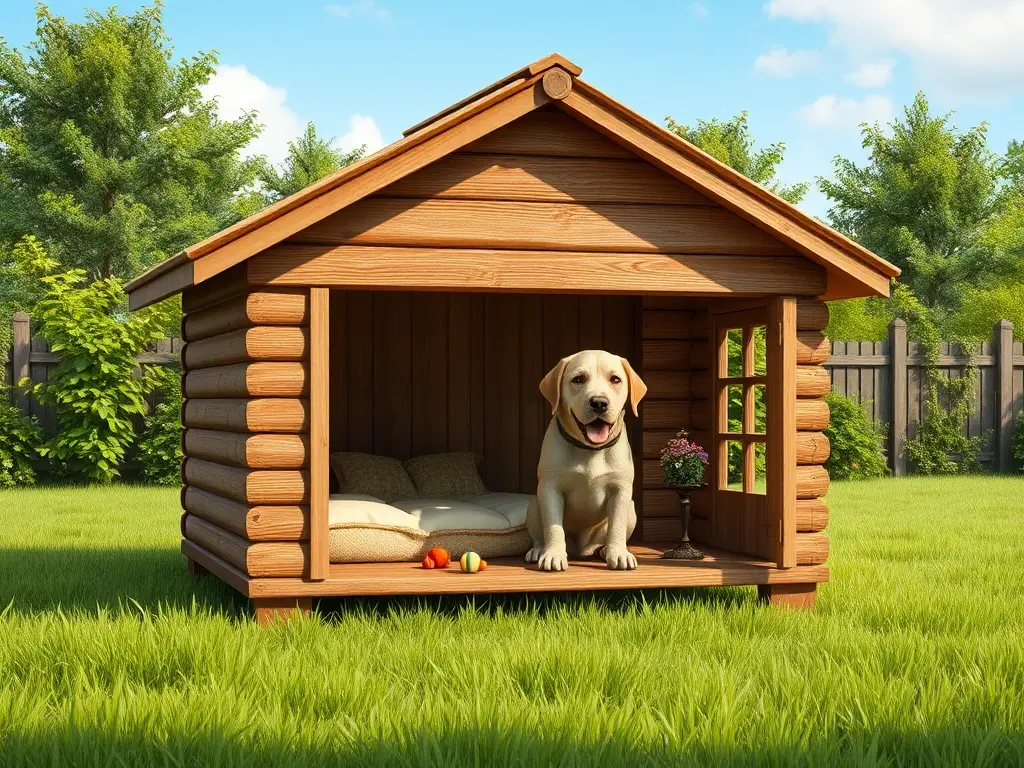 Imagen realista de una casa de madera marrón para perro, interior y jardín