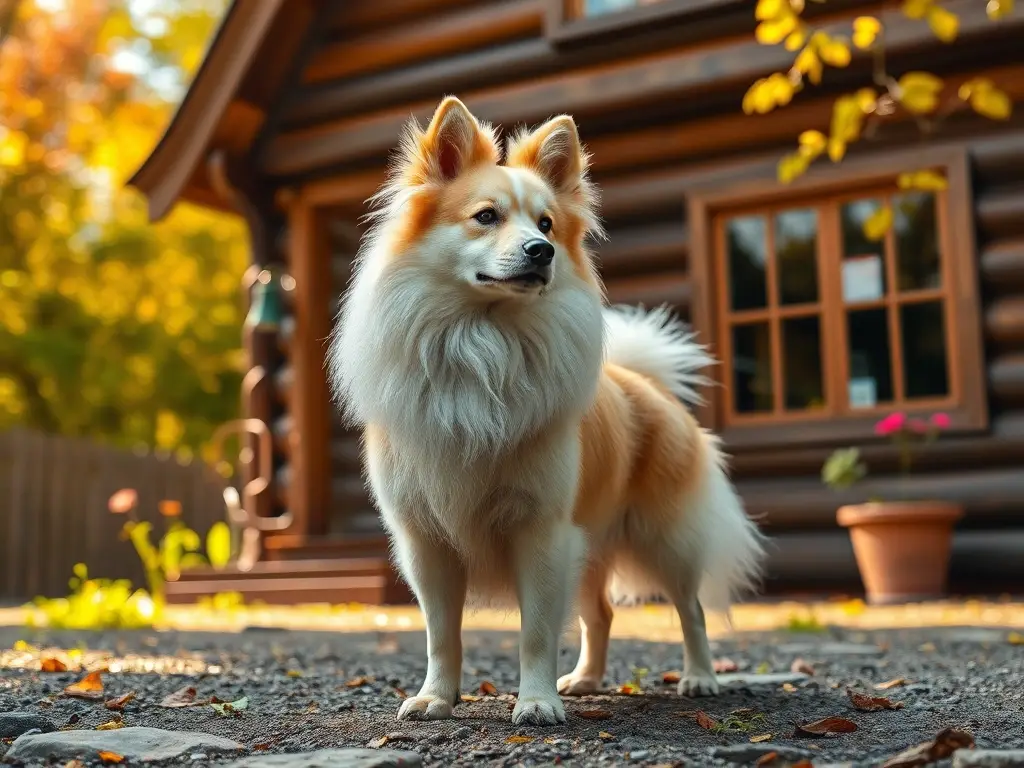 Un retrato real de un perro de raza Danesa, frente a una casa de madera restaurada