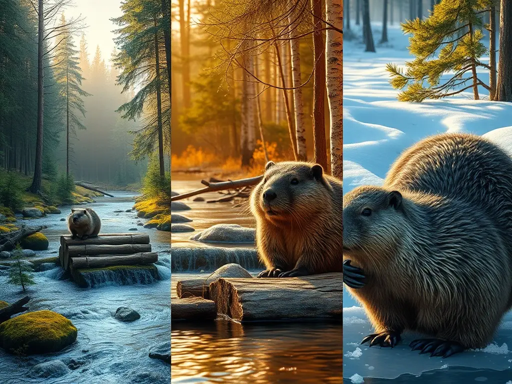 Collage fotorrealista muestra tres hábitats de castores