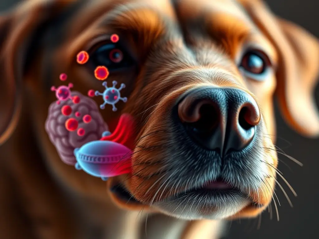 Una ilustración artística y detallada de un cerebro canino con bacterias y Cerenia