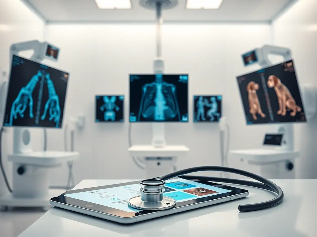Es un espacio de clínica veterinaria realista y de alta tecnología