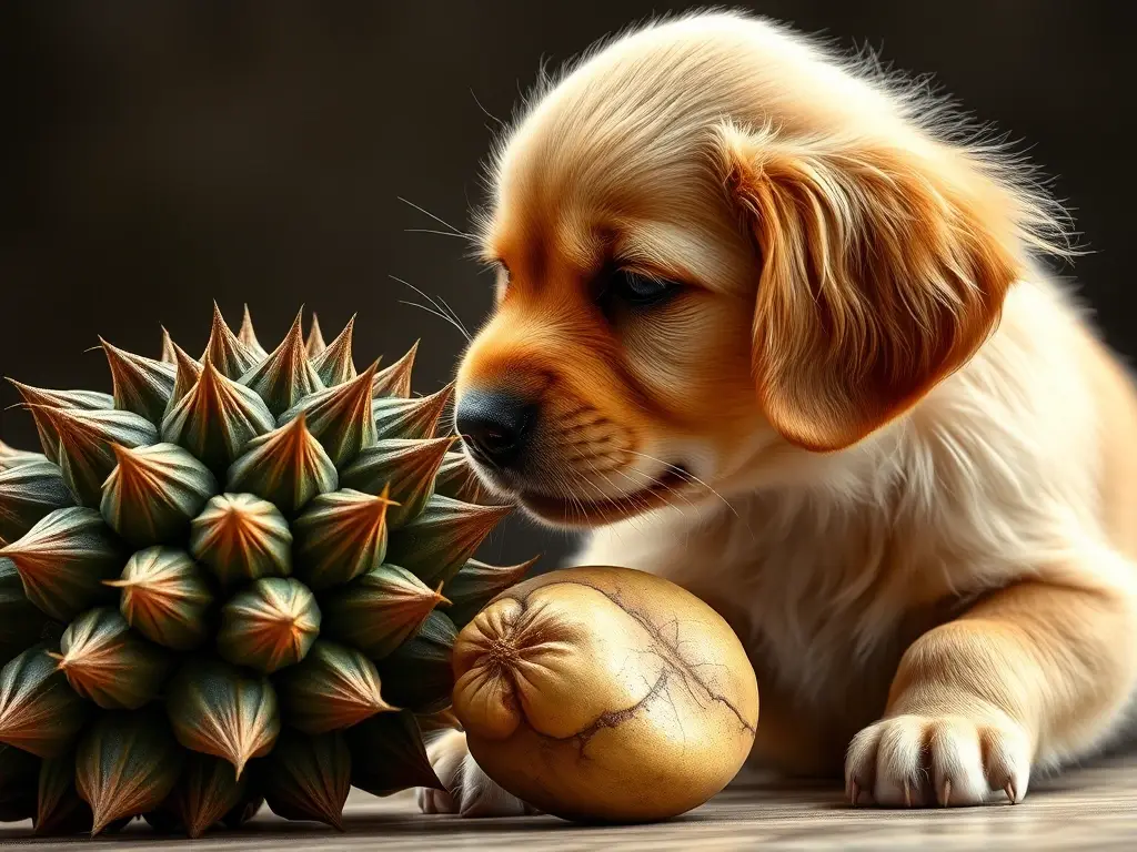 Fotografía realista de un cachorro de labrador curiosidad indagando un chayote