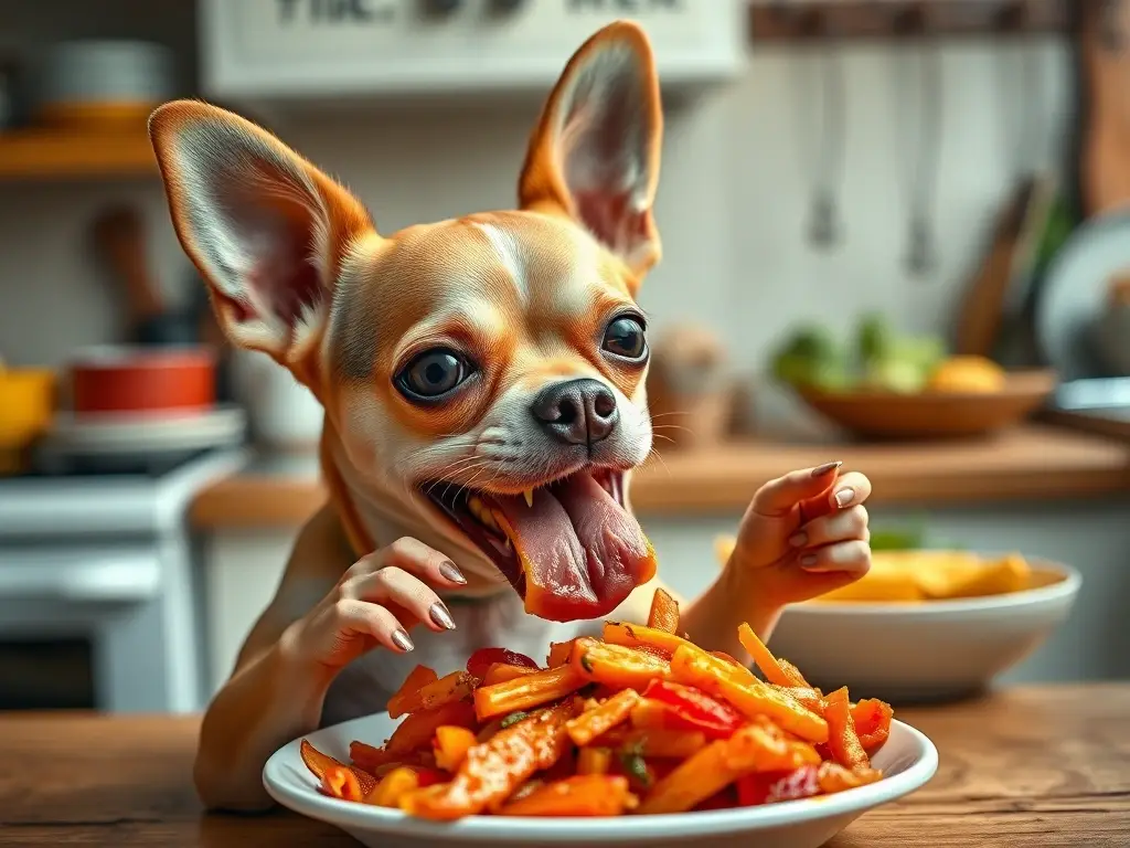 Imagen estilizada de un chihuahua feliz comiendo chayote