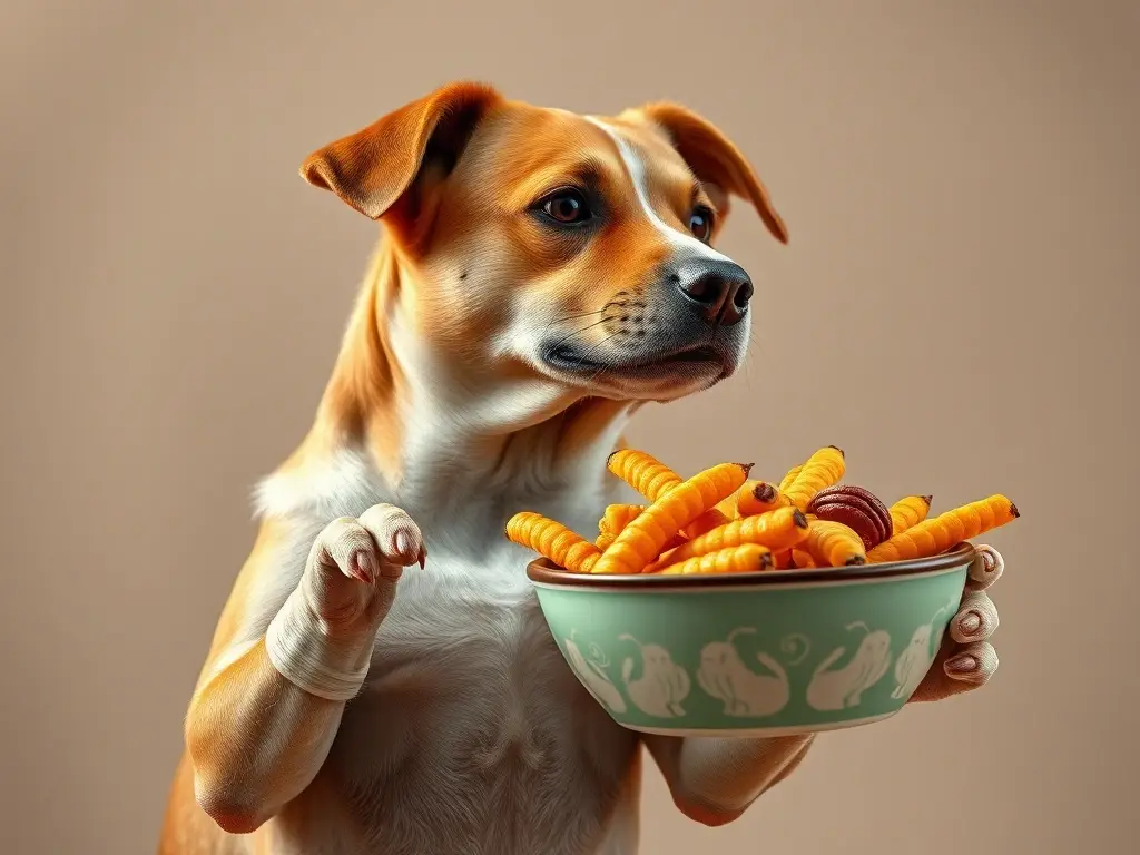 Fotografía realista de un perro con bowl de comida y chayote