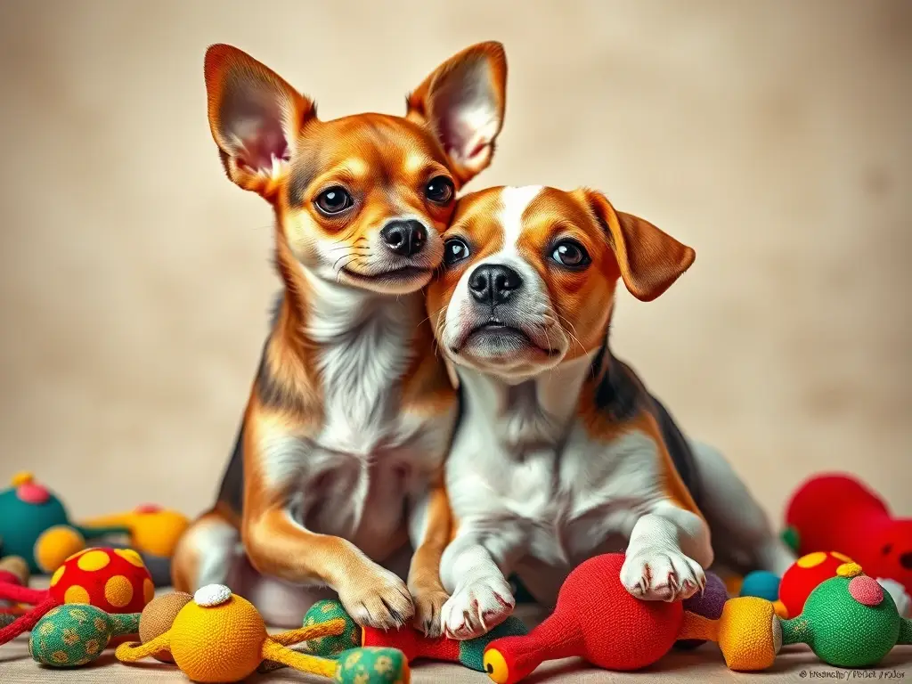 Fotorealista, 8K, chihuahua y beagle, bond con juguetes, fondo abstracto