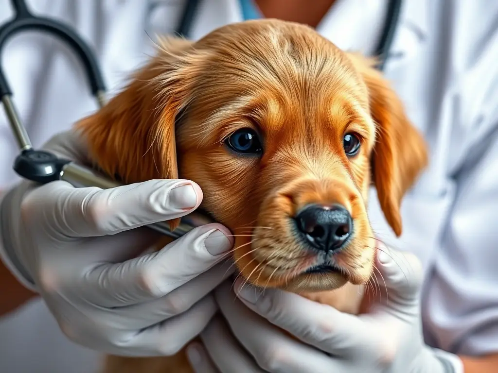 Foto realistic, 8K, veterinaria examinando un cachorro de retriever con expresión preocupada