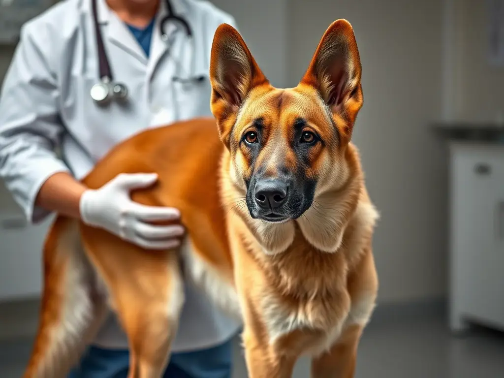 Imagen realista de un pastor alemán junto a un veterinario revisando a un perro