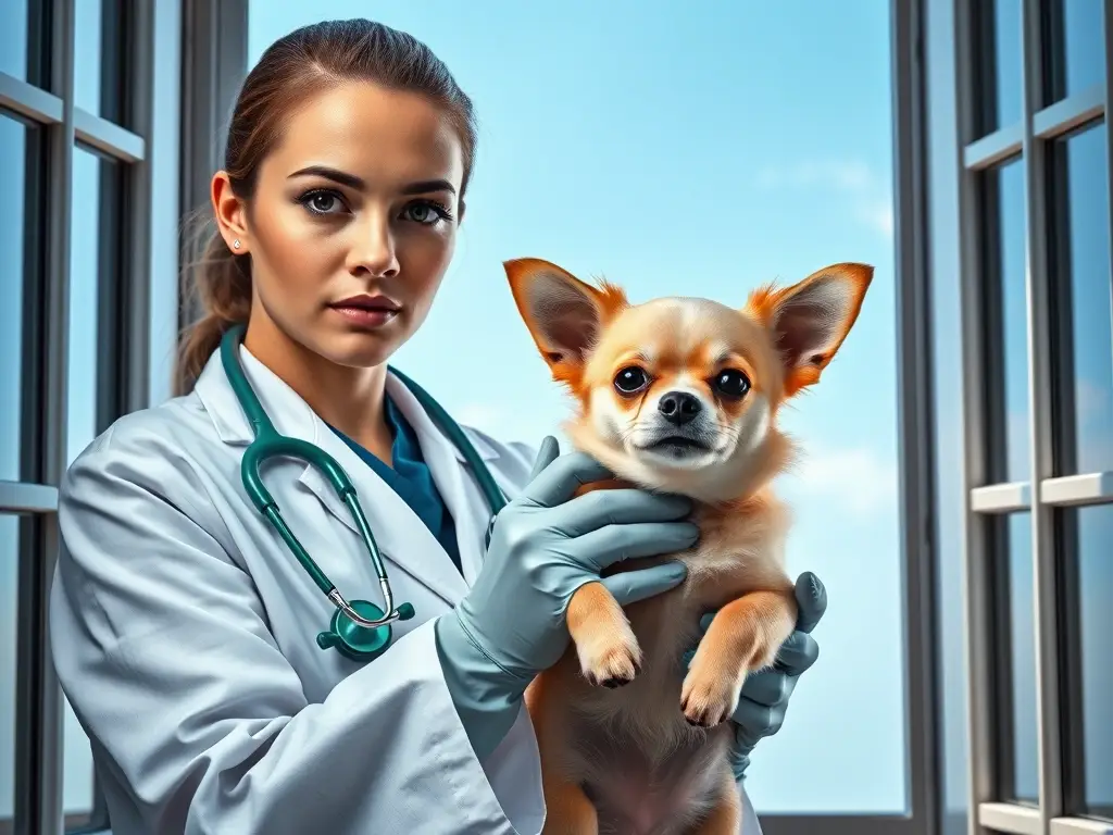 Fotorealista y detallada imagen de un veterinario con un chihuahua