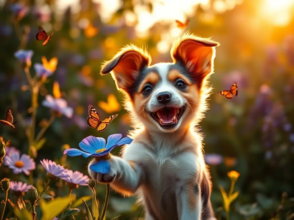 Una puppy juguetona con orejas caídas, felizmente yendo a perseguir mariposas