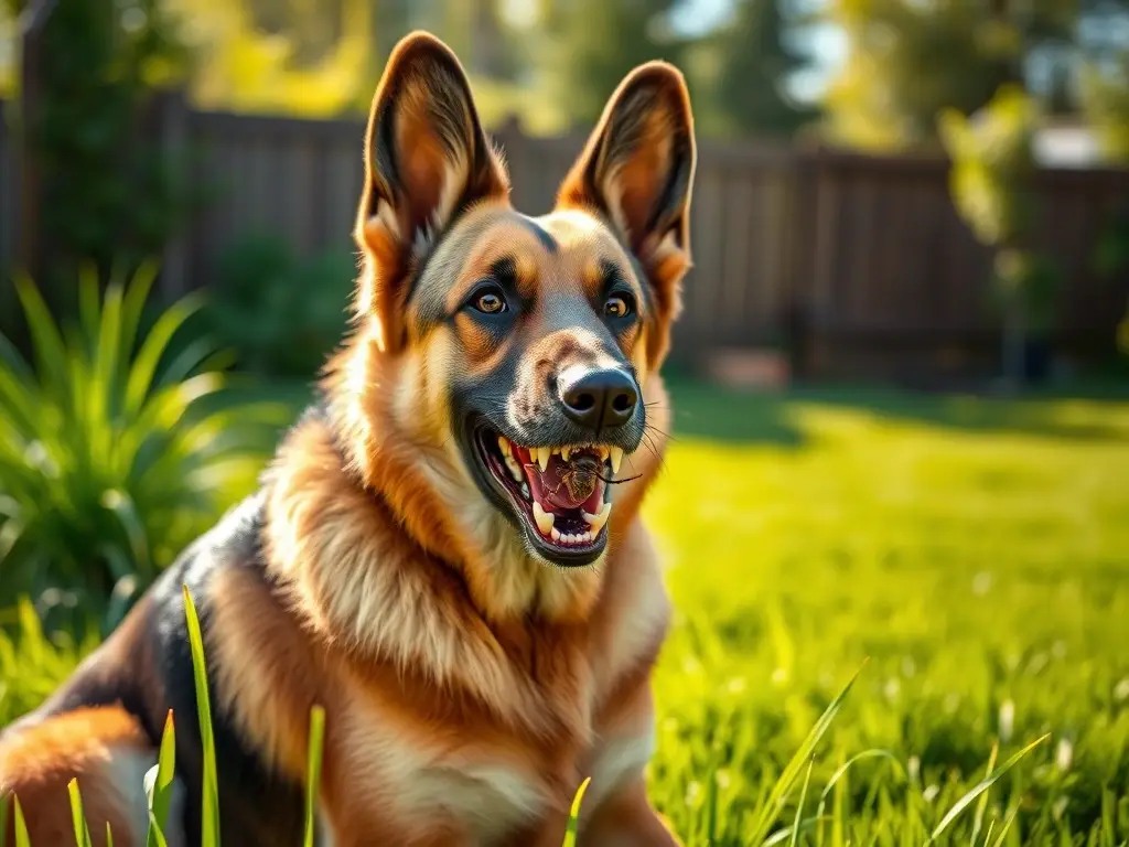 Fotografía realista de un perro alemán en alerta con un insecto