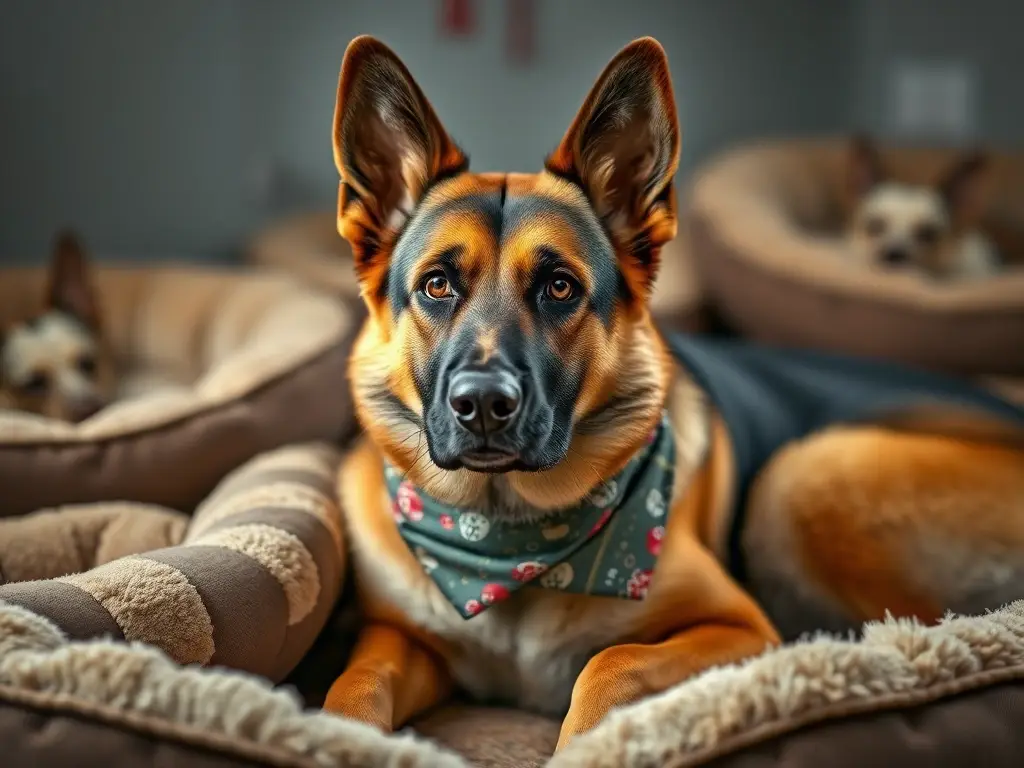 Foto realista de un pastor alemán con bandana, en camas de mascota infestados