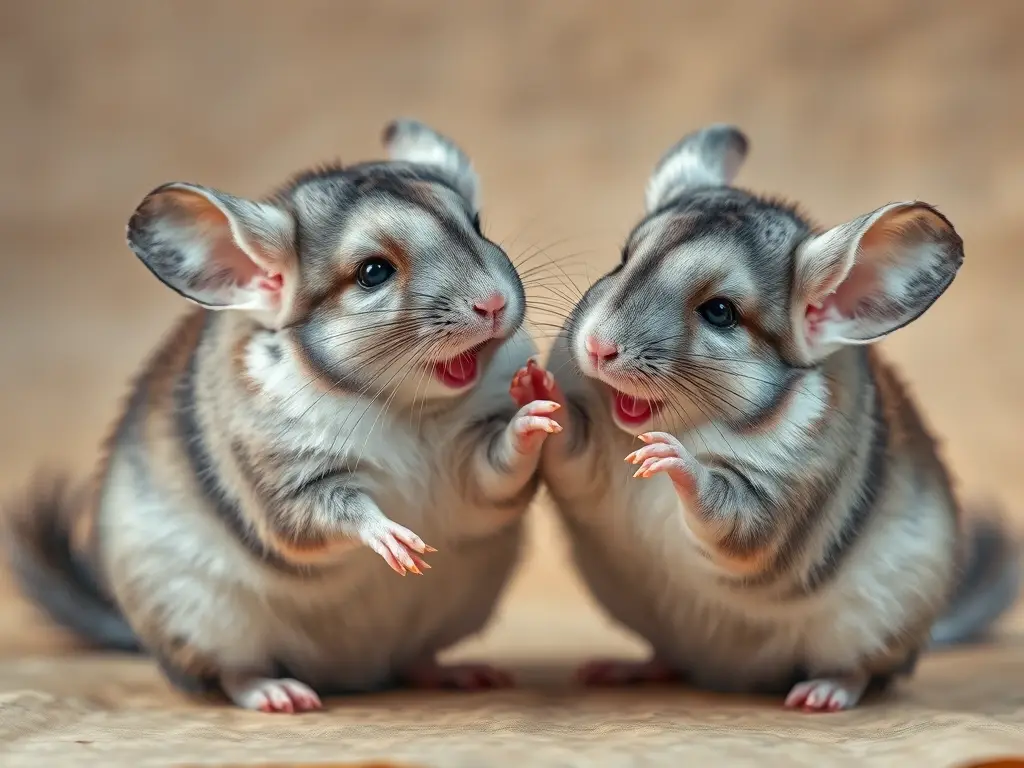Imagen realista de dos chinchillas jugando, con un fondo texturado