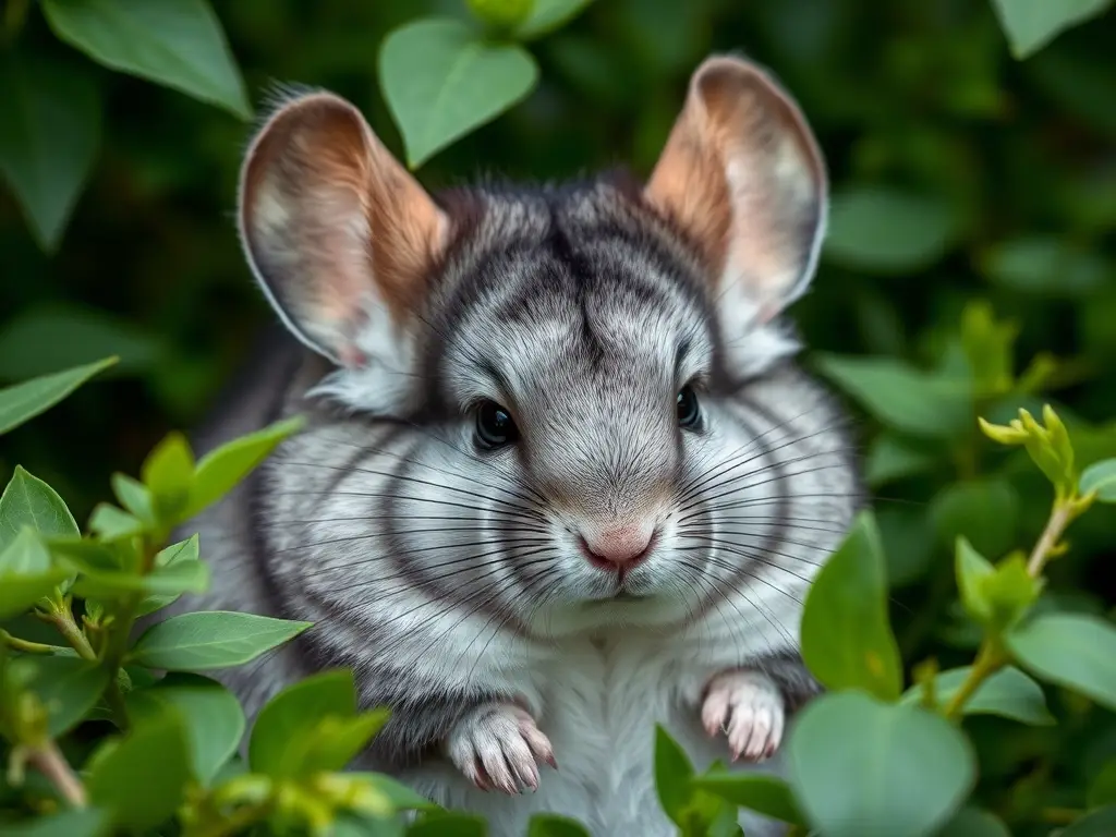 Foto realista de chinchilla con vegetación, sin texto ni marcas registradas