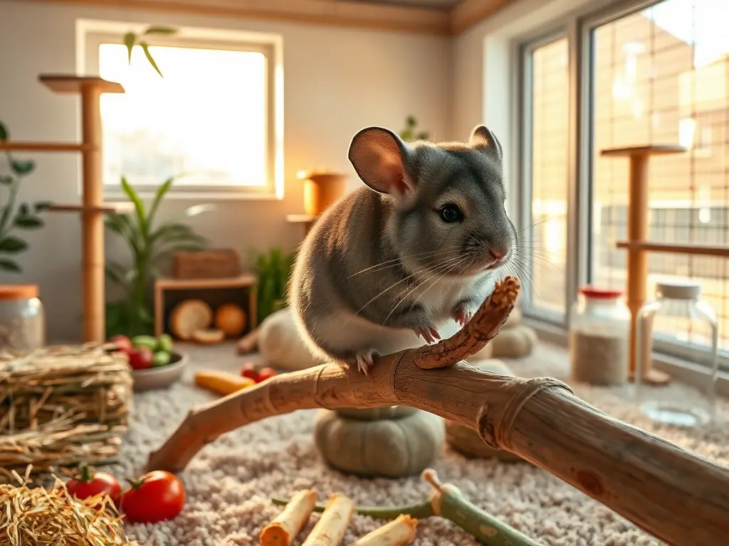 Chinchilla en rama dentro de hábitat luminoso