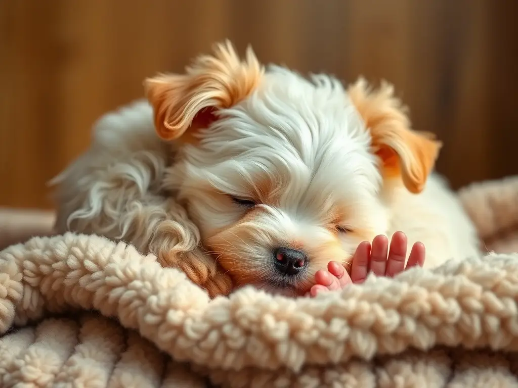 Foto realista de un cachorro chi-poo durmiendo cómodo