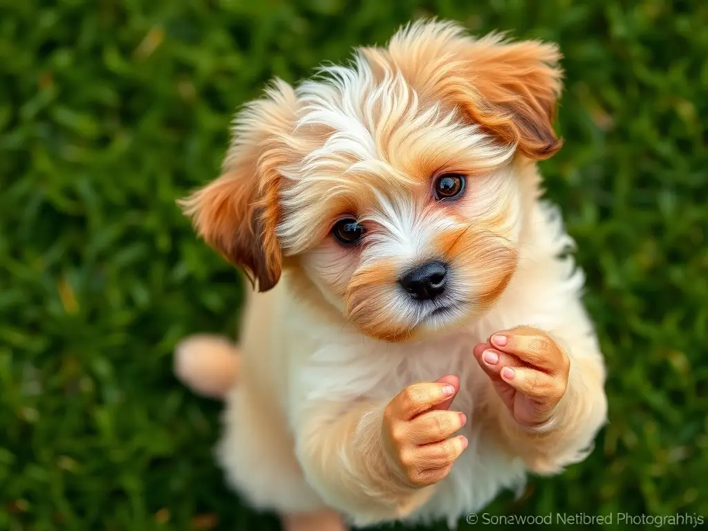 Fotografía realista de un cachorro Chi-poo juguetón, alta resolución, verde brillante
