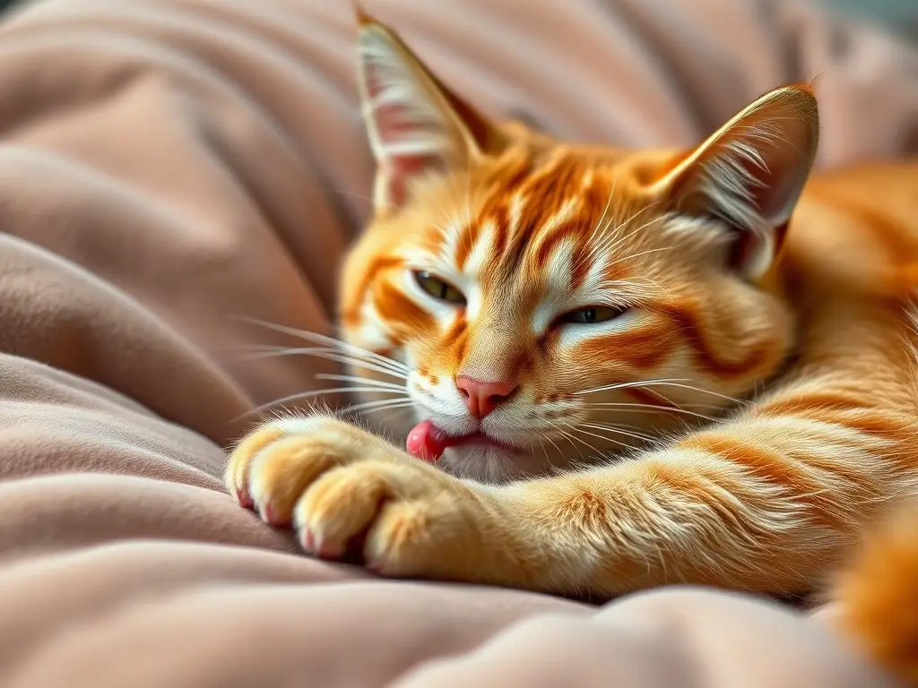 Fotografía de un gato tabby de jengibre en una cama de terciopelo, detallado y realista