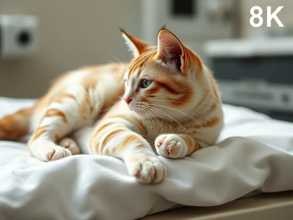 Un gato de 8k, realista, con cicatrización en cama blanca