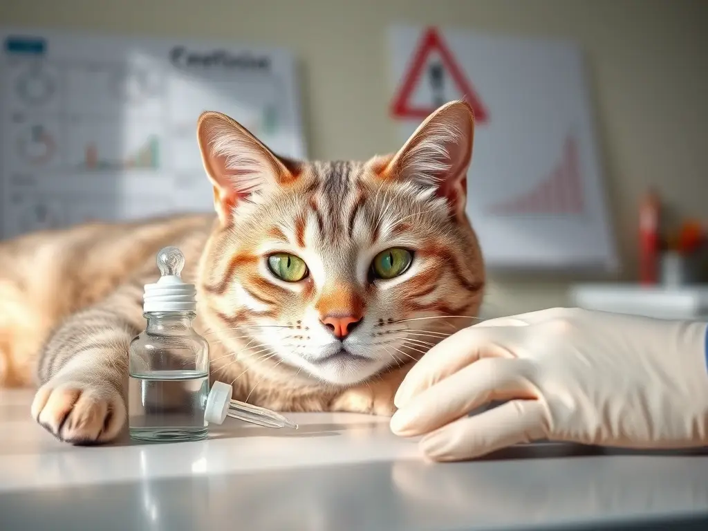 Gato sano sobre mesa veterinaria con medicamento