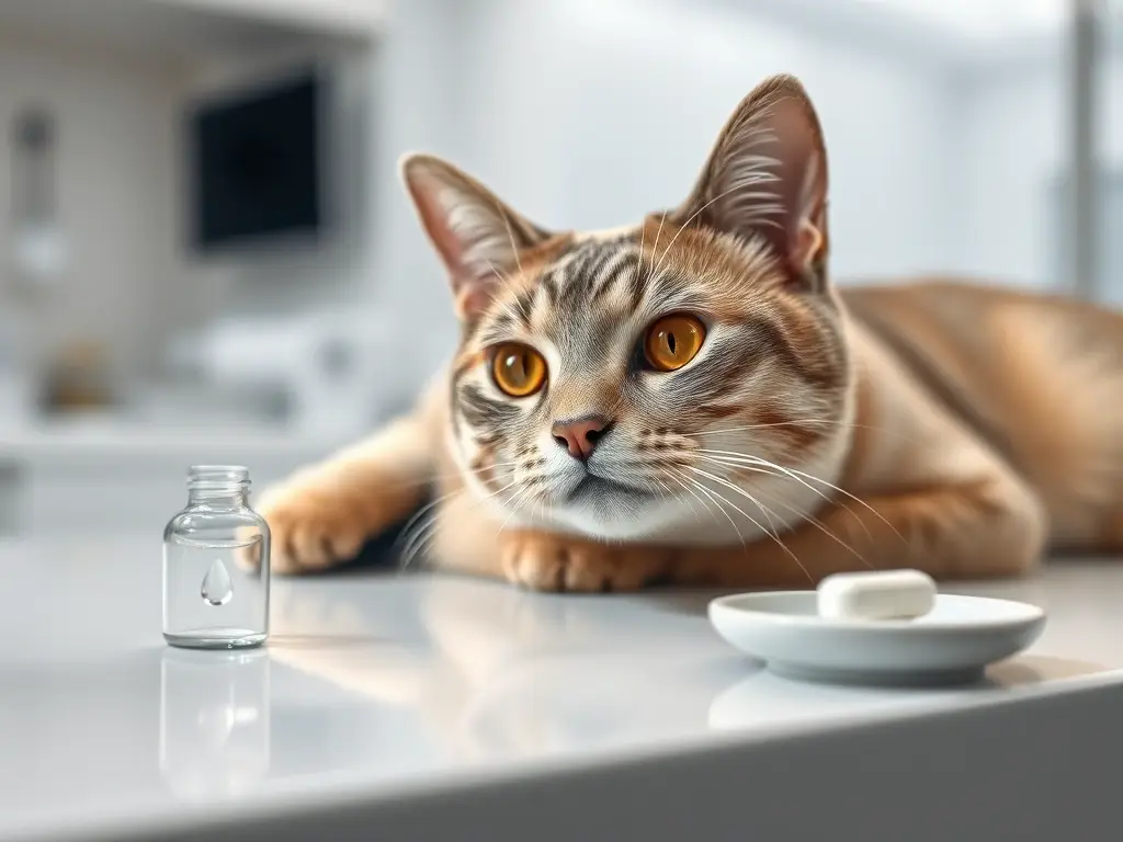Gato yace en mesa veterinaria con medicación