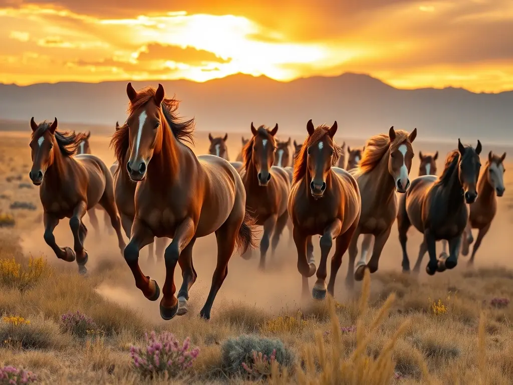 Caballos salvajes corren al amanecer dorado