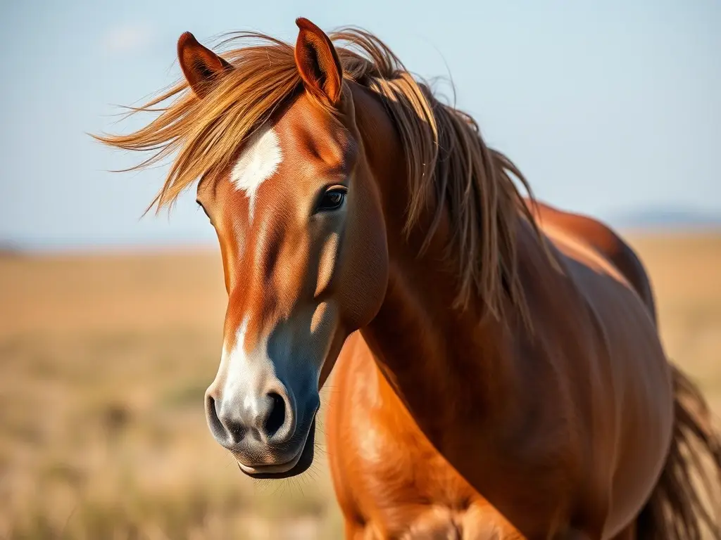 Retrato realista de un caballo semi-cimarron en savana, detallado y con buena anatomía