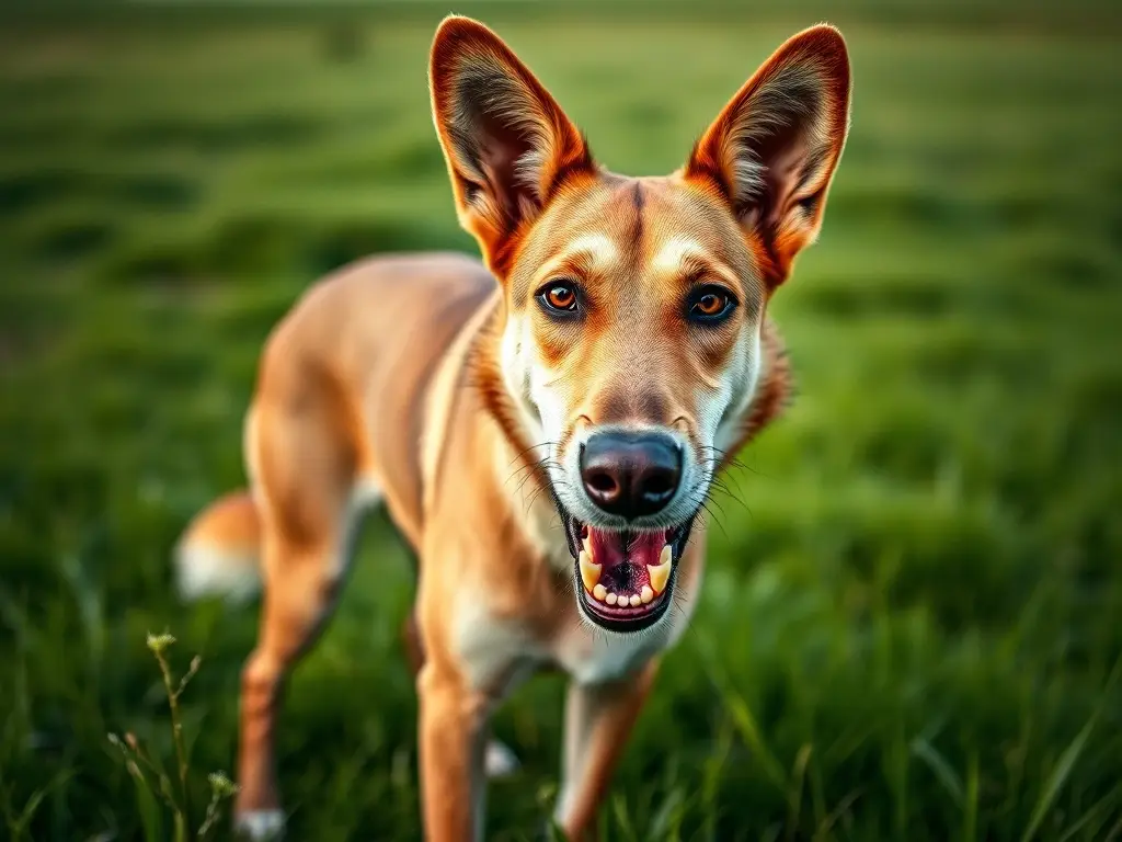 Foto real de perro Cimarron, ojos efienden, en pasto verde