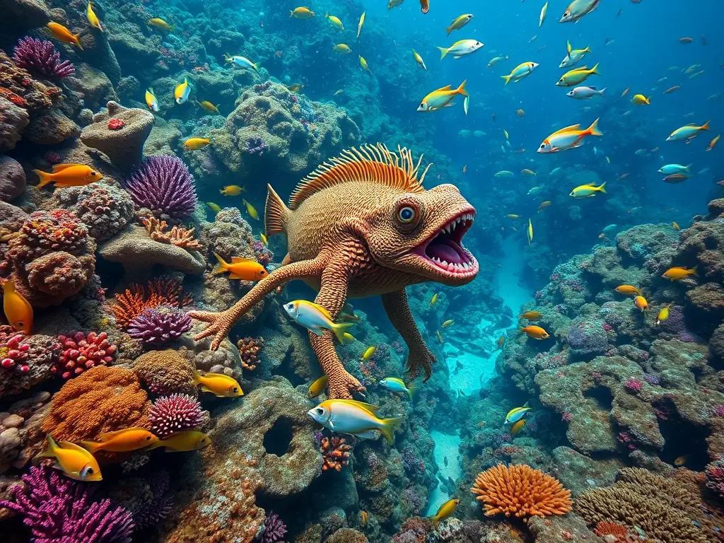 Fotografía realista del coral, con peces y invertebrados vibrantes
