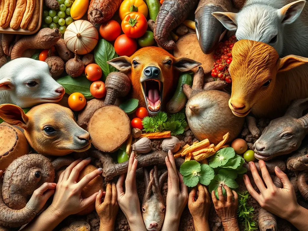 Una ilustración de animales consumiendo materia fecal como alimento, en estilo científico y artístico