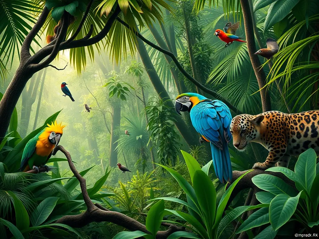 Fotorealista, 8k obra maestra de la selva amazónica con animales adaptados a la estación seca