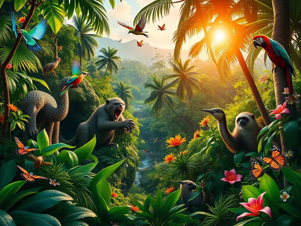 Fotografía realista de un exuberante ecosistema de selva tropical con animales exóticos