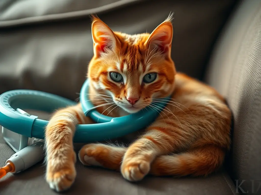 Fotografía realista de un gato jengibre relajado en una vieja sofá con una bobina en la mesa