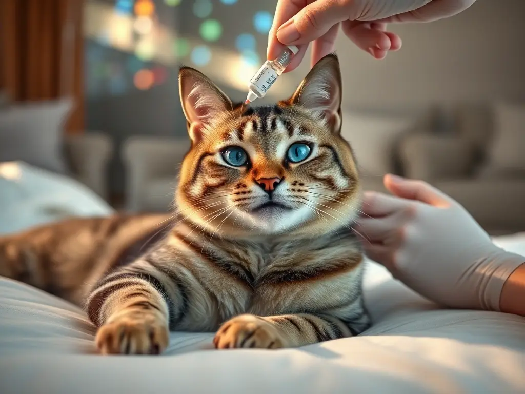 Imagen realista de un gato tabby relajado con ojos azules disfrutando de un masaje