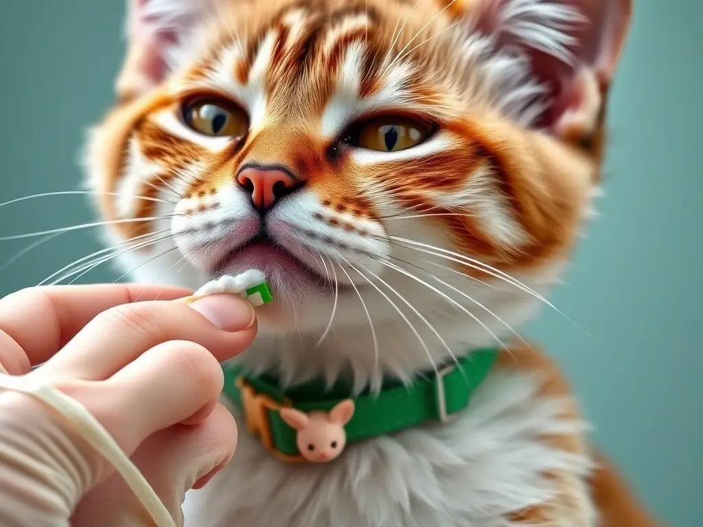 Imagen de un gato realista con collar verde aplicando clorhexidina
