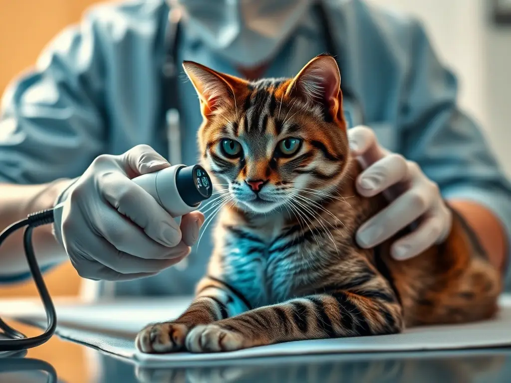 Veterinario examina a un gato con tecnología, mostrando la eficacia de la clorhexidina