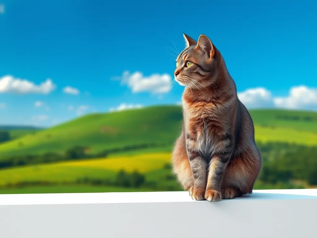 Un gato gris elegante contempla un paisaje hermoso