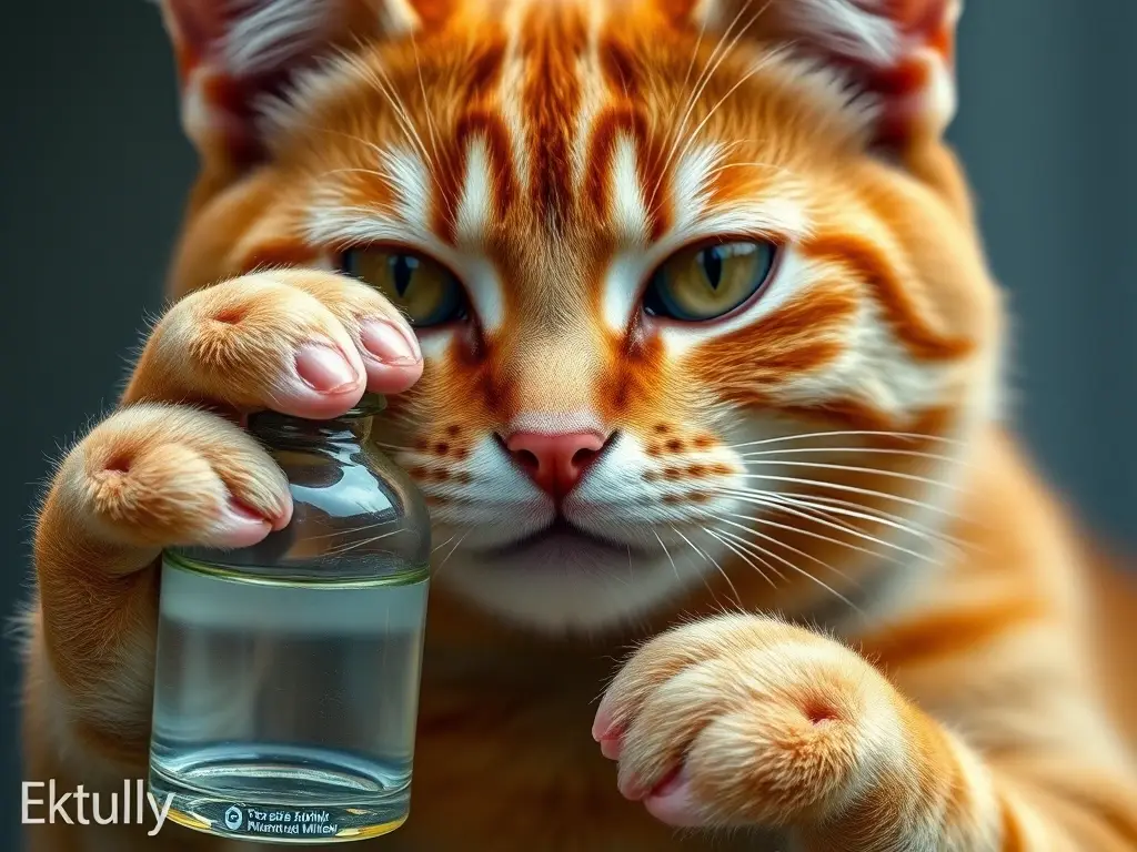 Fotografía realista de un gato con pelo castaño sosteniendo una botella