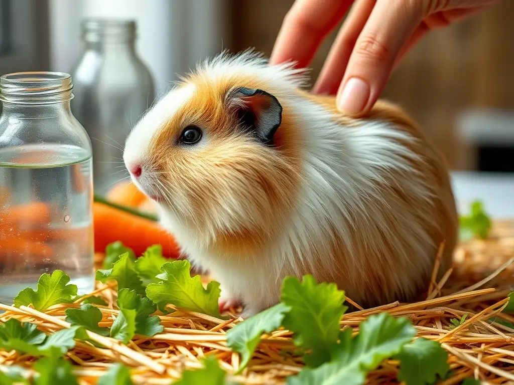 Cobaya Himalaya sobre heno, mano veterinaria