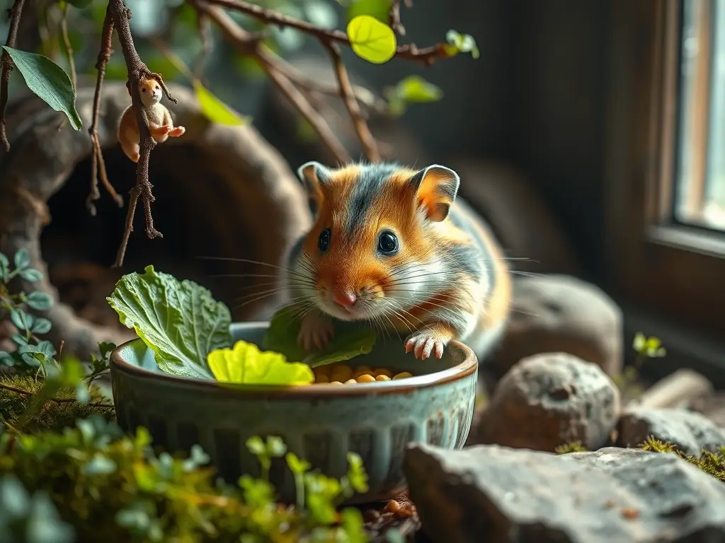 Foto de hamster salvaje con comida y juguetes