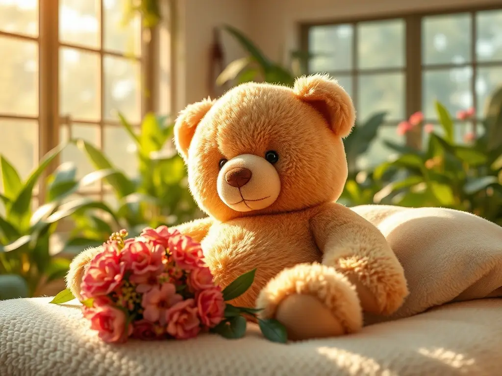Un oso de peluche meticulosamente cuidado, relajado en una clínica veterinaria