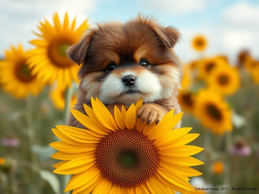 Imagen realista de un Teddy Pardo con ojos inteligentes en medio de un campo de girasoles