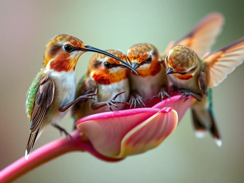 Fotografía realista de seis colibríes bebés besando un tallo florido