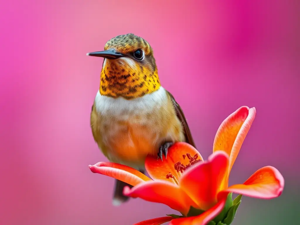 Foto de un colibrí juvenil en flor, con detalle 8k