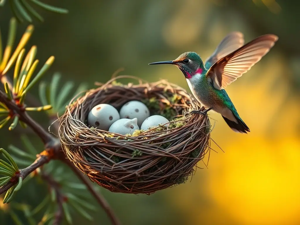 Nido hiperrealista de colibrí con polluelo