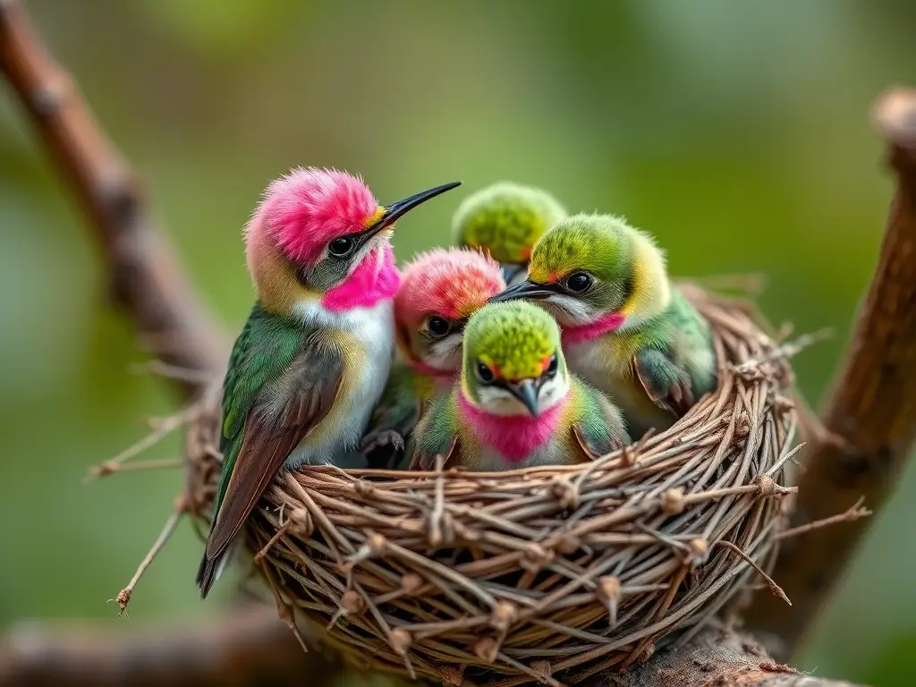 Imagen realista de nido de colibrí con pingüinos, detalle y luz natural