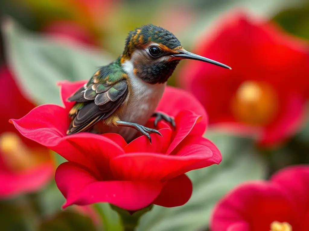 Imágen detallada y realista de un polluelo de colibrí en una flor de begonia