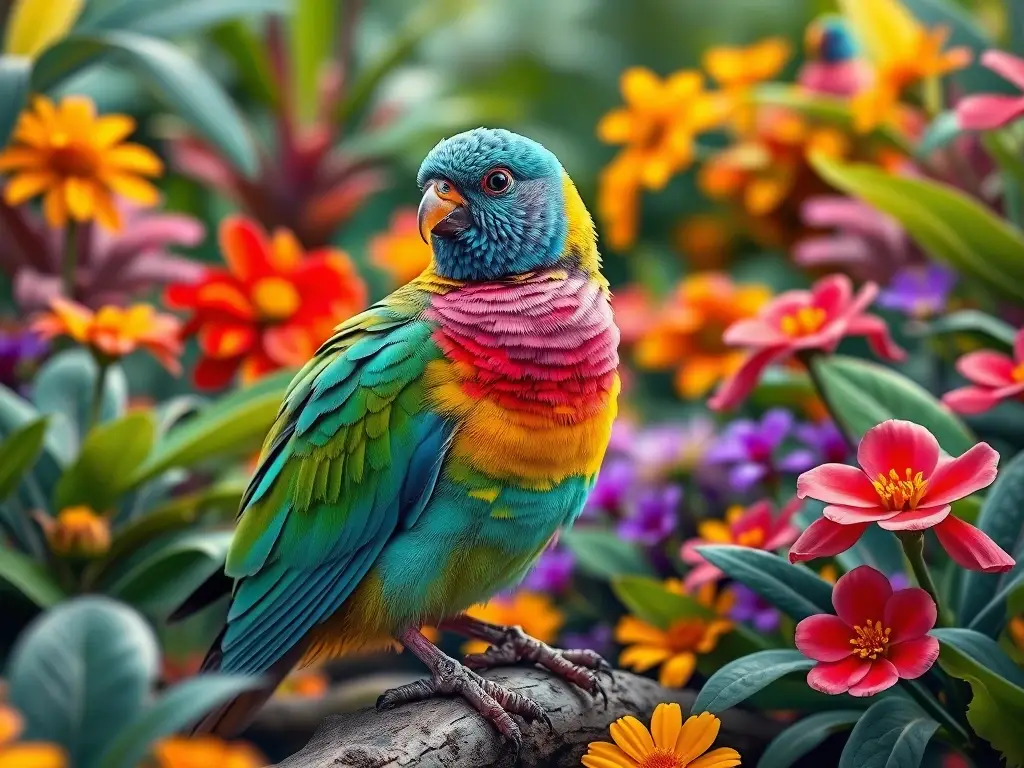 Illustration realista de Colibrí de Patas de Ecuador en jardín tropical
